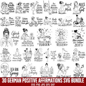 May include: A collection of 30 black and white line art illustrations featuring girls in various activities with German motivational phrases like Ich finde mein eigenes Glück, Alles wird gut, and Träume dürfen fliegen, presented as a digital design bundle.