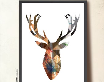 Reindeer poster. Geometric print. Geometric art stag. Fathers day gift. Art for him. Affiche scandinave. Deer head print. Antlers print.