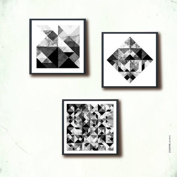 Black and white wall art. Art Trio. Geometric art prints. Three square posters, Affiche scandinave. 12 x 12" wall art prints. Abstract art