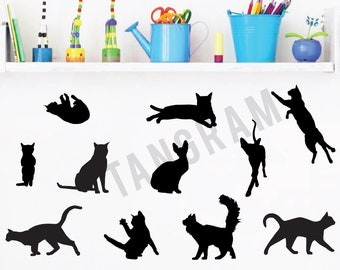 Cats wall decals. Black cats' vinyl decal. Cat vinyl stickers. Cats kids room decor. Cats party decor. 11 different cats' decals