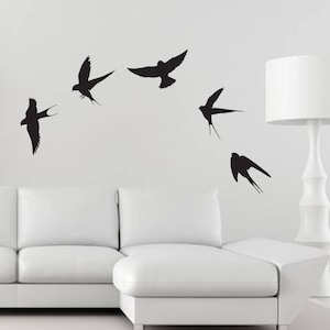 Black swallows vinyl decals. Birds wall art stickers. Flying birds wall stickers. 5 black swallows decals. Flying swallows vinyl decal