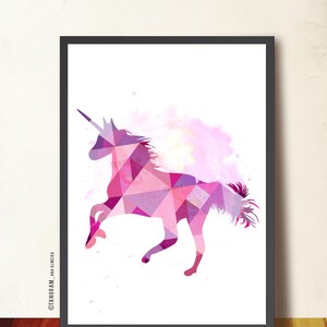 Unicorn geometrische print. Licorne Affiche scandinave. Unicorn art print. Unicorn poster print. Geometrische unicorn kunst aan de muur. Paarse Eenhoorn