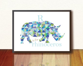 Copie d’affiche rhinocéros. Bébé crèche chambre mur l’art. R géométrique est pour les rhinocéros. Affiche décoration pour bébé. Imprimé géométrique, Rhino affiche