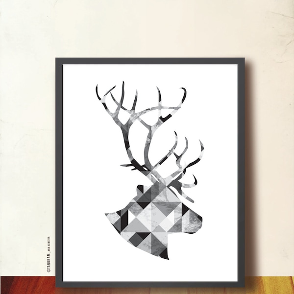 Reindeer Geometric art print. 8 x 10in poster. Deer head on geometric pattern, black white. Mother's day gift. Wall Art, Tangramartworks