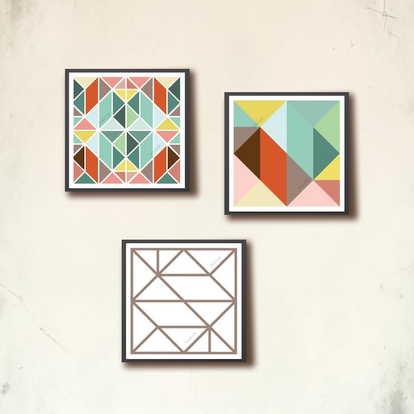 Scandinavian Square Poster Set. 3 Mini geometric art prints 4 x 4in, affiche Scandinave. Tangram squares color block prints. Modern wall art