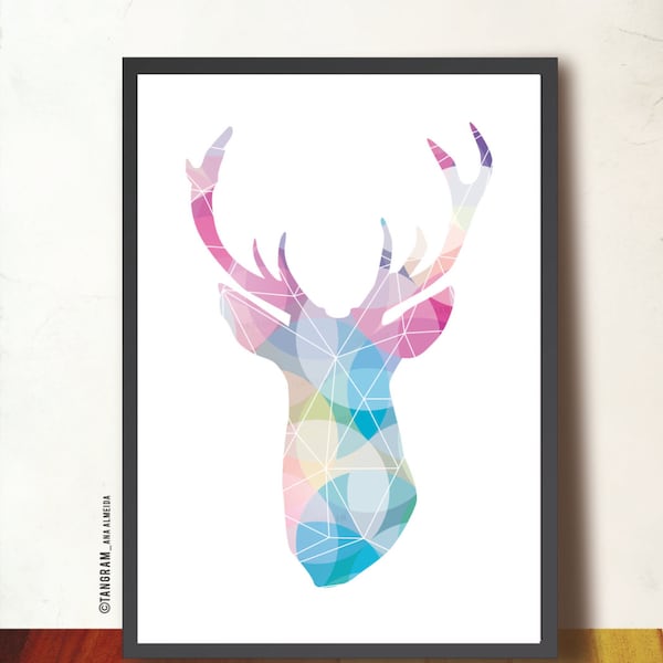 Reindeer Geometric Art. Affiche scandinave. Reindeer head silhouette pastel colors. Mother's day gift. Antlers print by Tangramartworks