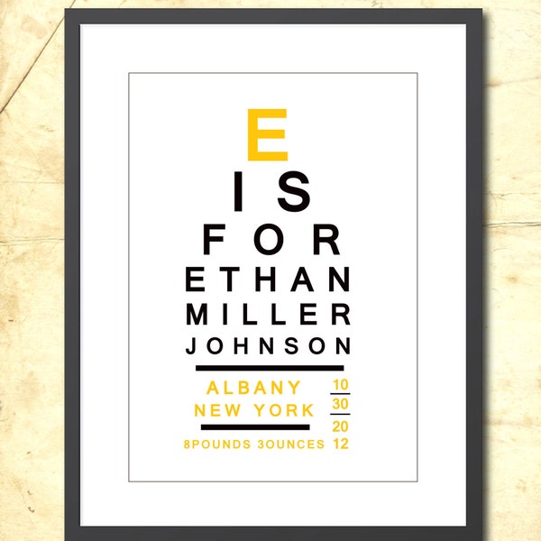 Eye chart poster. Baby name eye chart. Retro nursery wall art. Personalized poster. Custom baby poster, made to order. Gift for mom, baby
