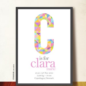 Monogram baby poster. Geometrische kwekerij art. Kunst aan de muur. Aangepaste nieuwe Baby aankondiging. Geboorteakte, candy kleuren