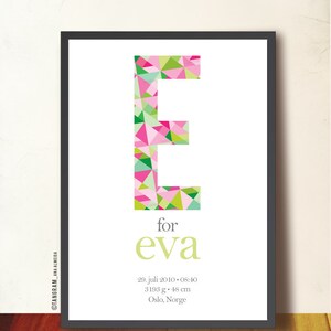 Arte monograma. Impresión de monograma geométrico. Cartel personalizado para niños. Cartel del bebé. Impresión de póster de estadísticas de bebé. Decoración de la habitación del bebé. Regalo para mamá