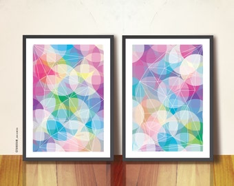 Dreamy Circles Duo prints. Geometric art prints, by TANGRAMartworks. Two A3 Abstract Posters, Double Wall Art Decor. Geometric art print