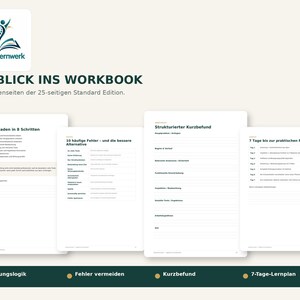 Può includere: Quattro pagine bianche di un quaderno di esercizi intitolato PhysioLernwerk, con testo nero e titoli come Der rote Faden in 8 Schritten, 10 häufige Fehler, Strukturierter Kurzbefund e 7 Tage bis zur praktischen Prüfung, con un piè di pagina verde scuro.