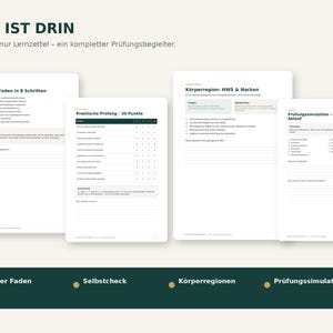 Può includere: Quattro pagine bianche di una guida allo studio con testo nero e accenti verde scuro. Le pagine presentano intestazioni come 'Der rote Faden in 8 Schritten', 'Praktische Prüfung', 'Körperregion: HWS & Nacken' e 'Prüfungssimulation'. Una barra verde scuro elenca queste quattro sezioni.