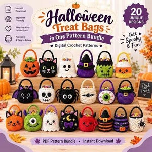 20 virkade Halloween-godispåsmönster, kusliga godishållare (PDF-paket)