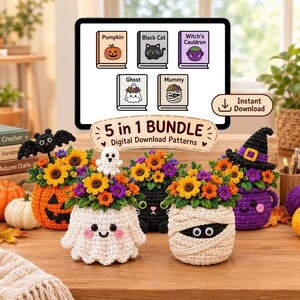 May include: A 5-in-1 digital crochet pattern bundle featuring five Halloween-themed pots: a pumpkin, ghost, black cat, mummy, and witch's cauldron. Each pot is filled with crocheted sunflowers and flowers. A tablet displays the pattern icons.