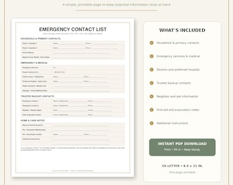 Family Emergency Contact List Printable, Babysitter Caregiver Binder (PDF Download)