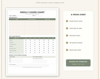 Weekly Chore Chart Printable, Family Responsibility Planner (PDF Download)