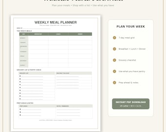 Weekly Meal Planner Printable, Grocery List, Pantry Inventory (PDF Download)