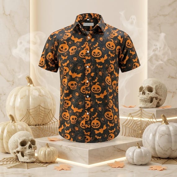 Halloween Button Up Shirt, Black and Orange Short Sleeve Polyester