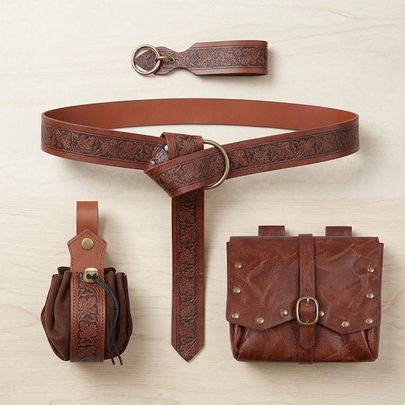 Brown PU Leather Viking Belt Set, Patterned with Pouches and Coin Purse