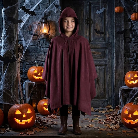 Medieval Cloak in Corduroy, Kids Hooded Renaissance Costume with Adjustable Brooch