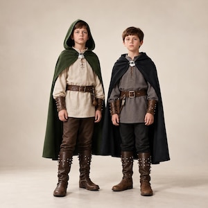 May include: Two outfits featuring hooded cloaks, long-sleeved tunics with lace-up necklines, brown leather belts, and studded bracers. One set includes a green cloak and beige tunic, while the other has a black cloak and gray tunic, both with tall brown boots.