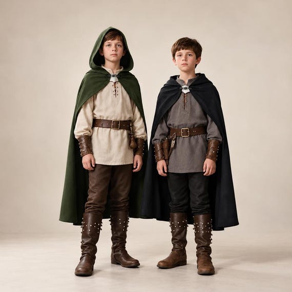 Kids Cloak, Renaissance Hooded Cape with Decorative Clasp, Large Velvet-Like Costume