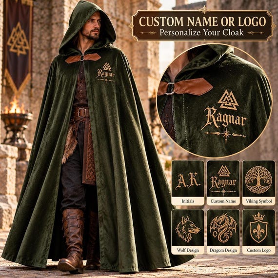 Custom Name Cloak – Personalized Velvet Cape, Medieval Fantasy, Halloween Costume