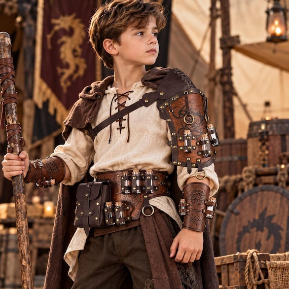 Kids Alchemist Costume Set, Brown Faux Leather Armor with Adjustable Bracers