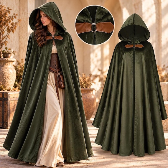 Renaissance Velvet Hooded Cloak, Medieval Costume Cape with Leather Strap Closure