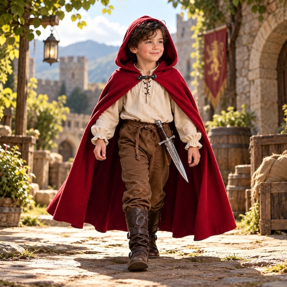 Kids Red Hooded Cape, Medieval Fabric Cloak with Metal Ring Buckle