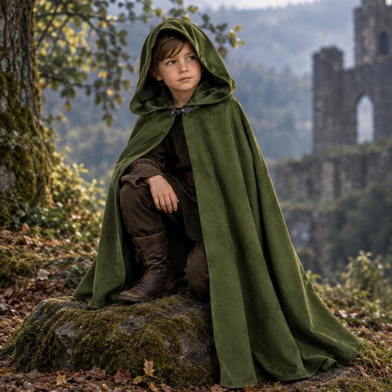 Green Kids Cloak, Large Velvet-Like Hooded Cape with Decorative Clasp