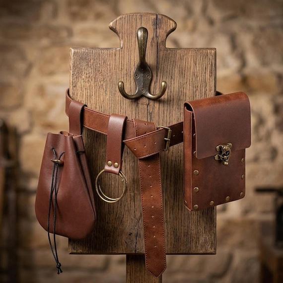 Brown Leather Belt Pouch, Medieval Steampunk Waist Bag with Detachable 50-Inch Belt