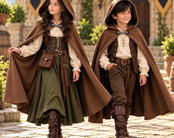 Brown Renaissance Cloak for Kids, Hooded Fabric Cape with Metal Clasp