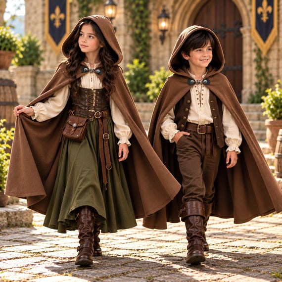 Brown Renaissance Cloak for Kids, Hooded Fabric Cape with Metal Clasp