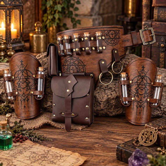 Brown Alchemy Bracers, Medieval Alchemy Costume, Wizard Potion Holder Belt