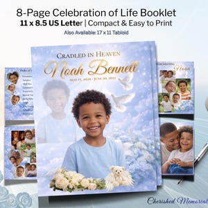 May include: An 8-page celebration of life booklet template measuring 11 by 8.5 inches. The cover features a blue sky background with clouds, white doves, a teddy bear with wings, white roses, and a photo of a young child named Noah Bennett.