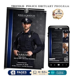 May include: A trifold police obituary programme template featuring a dark background with a flag pattern, a blue vertical stripe, and a police officer image. Text includes END OF WATCH, CHRISTOPHER HARRISON, and funeral details. Includes a QR code and 27.9 x 21.6 cm dimensions.