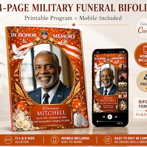 May include: A 4-page military funeral bifold program featuring a portrait of a man in uniform within an ornate gold frame, surrounded by American flag motifs, white roses, and dog tags. The text reads In Honor & Memory Of Terrence Mitchell.