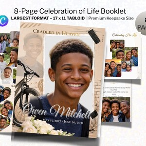 May include: An 8-page Celebration of Life booklet template in a 17 x 11 tabloid format. The cover features a large portrait of a smiling young person, the text Cradled in Heaven, the name Owen Mitchell, and dates May 15, 2017 - June 20, 2031.