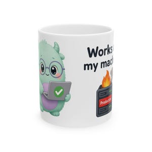 May include: A white ceramic mug featuring a cartoon green monster with glasses holding a laptop with a green checkmark. The text reads Works on my machine above a graphic of a server rack labelled Production that is on fire with orange flames.