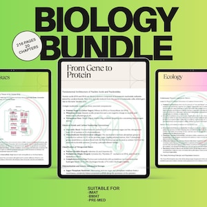 Pode incluir: Um pacote de estudo digital de biologia com três telas de tablet exibindo conteúdo educacional sobre tecidos, processos de gene para proteína e ecologia. O texto BIOLOGY BUNDLE está no topo, com um selo indicando 216 páginas e 20 capítulos.