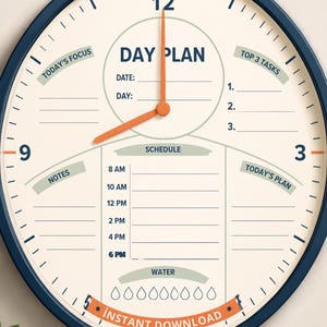 May include: A round wall clock with a dark blue frame and a cream-colored face featuring a daily planner layout. The face includes sections for Day Plan, Today's Focus, Top 3 Tasks, Notes, Schedule from 8 AM to 6 PM, and a water tracker with icons.