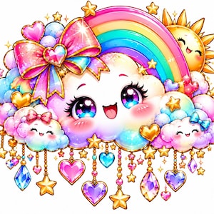 Puede incluir: Una colorida ilustración de una nube sonriente con grandes ojos brillantes, adornada con un gran lazo rosa, un arcoíris vibrante y un sol dorado. El diseño presenta cadenas doradas colgantes con varios dijes en forma de corazón y estrella.