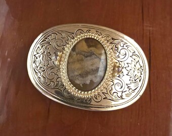 Vintage Agate Stone Mount Gold Tone Floral Western Oval Wide Belt Buckle