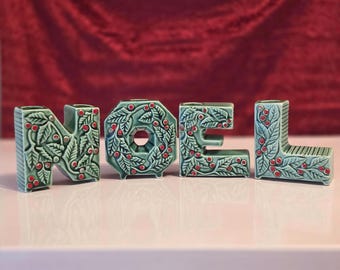 Vintage Mid-Century NOEL Candle Holders | Ceramic Christmas Decor | Holly Berry Letter Set | Lipper & Mann Style Japan MCM 1950s