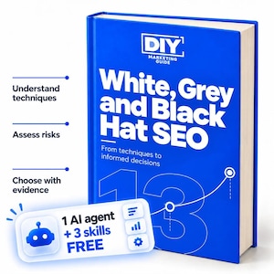 May include: A blue hardcover book titled DIY Marketing Guide White, Grey and Black Hat SEO. The cover features the text From techniques to informed decisions, a large number 13, and a graphic of a line chart. A white rectangular label displays 1 AI agent + 3 skills FREE.