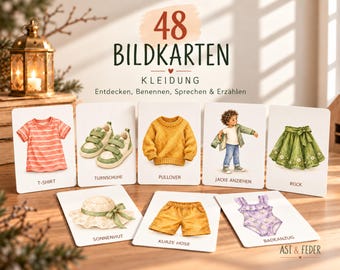 May include: A set of 48 educational flashcards titled 48 BILDKARTEN KLEIDUNG featuring illustrations of clothing items including a striped t-shirt, sneakers, a yellow sweater, a child putting on a jacket, a green skirt, a sun hat, shorts, and a swimsuit.