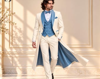 Ivory Victorian Groom Suit for Men, Sky Blue Long Tailcoat Wedding Outfit, Regency Inspired Formal Attire, Elegant Prince Charming Suit