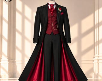 Victorian Gothic Groom Suit Men, Black Long Frock Coat Burgundy Vest Vampire Wedding Regency Tailcoat Custom 3 Piece Outfit Victorian Outfit
