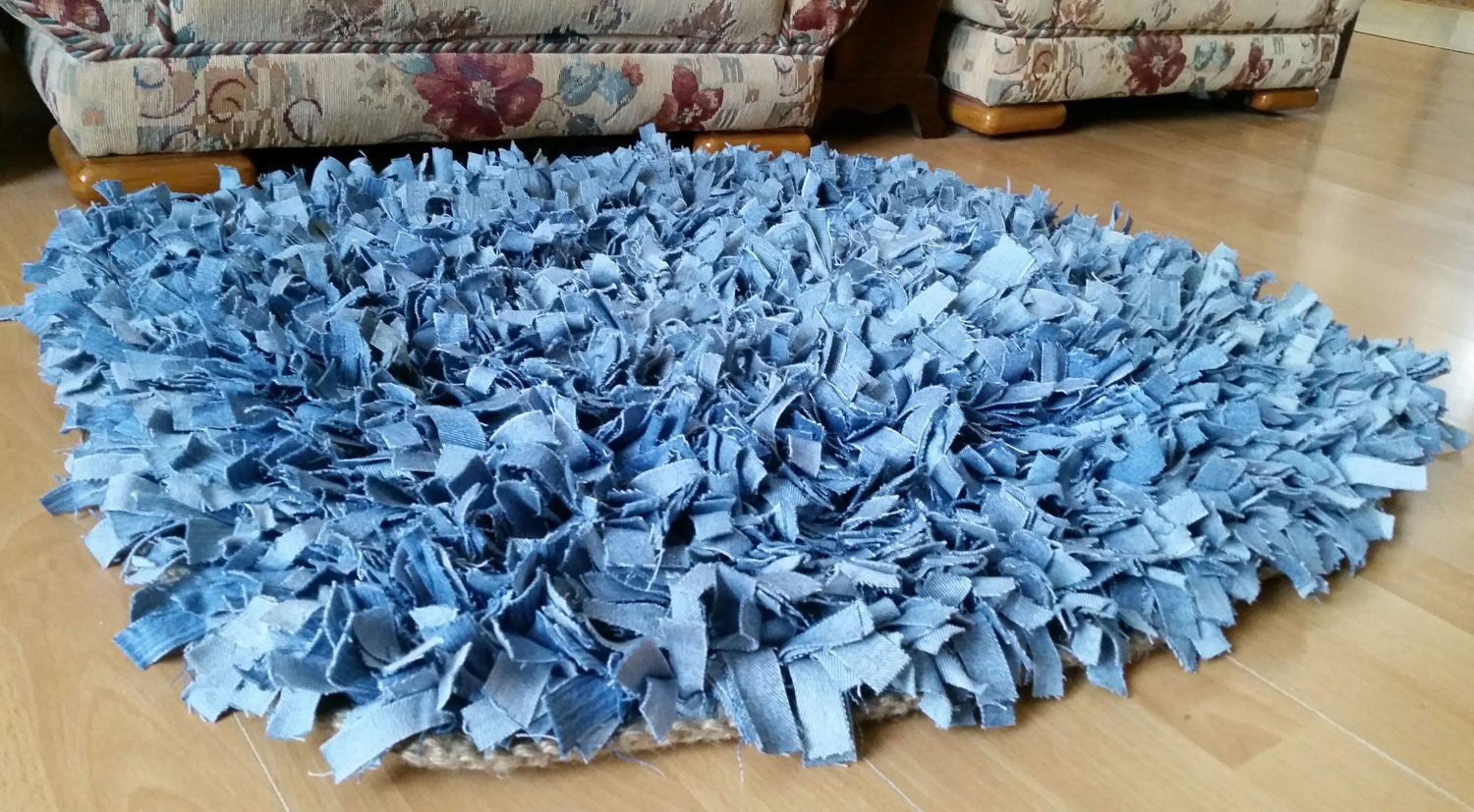 Blue Denim Rag Rug Crocheted Jute base. Upcycled jeans. Clip Etsy